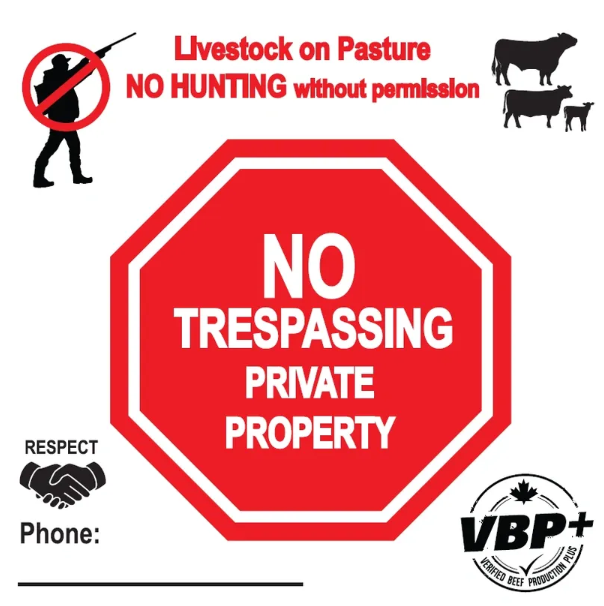 Livestock on pasture, No hunting without permission, no trespassing VBP+ sign